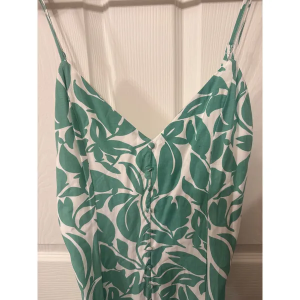 VICI Green White Tropical Leaf Print Midi Dress M Rayon Linen Front Slit Resort - Image 7