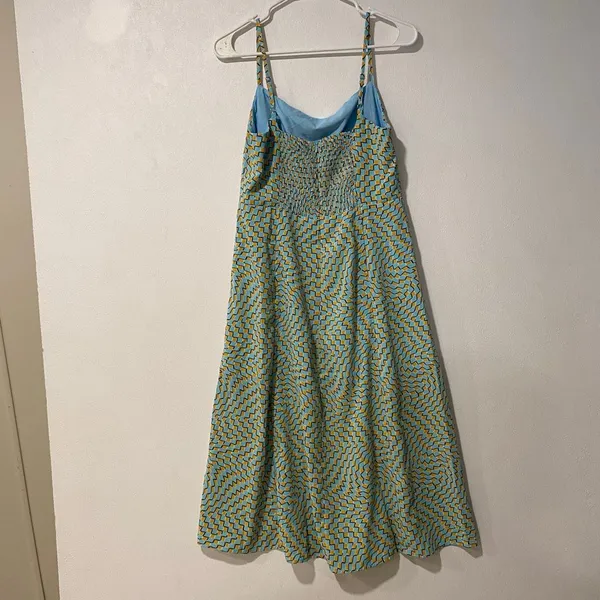 Commense Dress Large Blue Mustard Optical Print Strappy Midi Y2K - Image 4