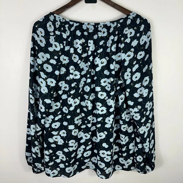 Jones New York Women Blouse M Blue Floral Smocked Neck Romantic‎ Cottage Retro - Image 6