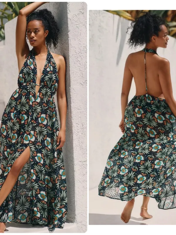 Brenda Quinn x Anthropologie Tropical Floral Resort Wear Halter Maxi Dress - Image 2