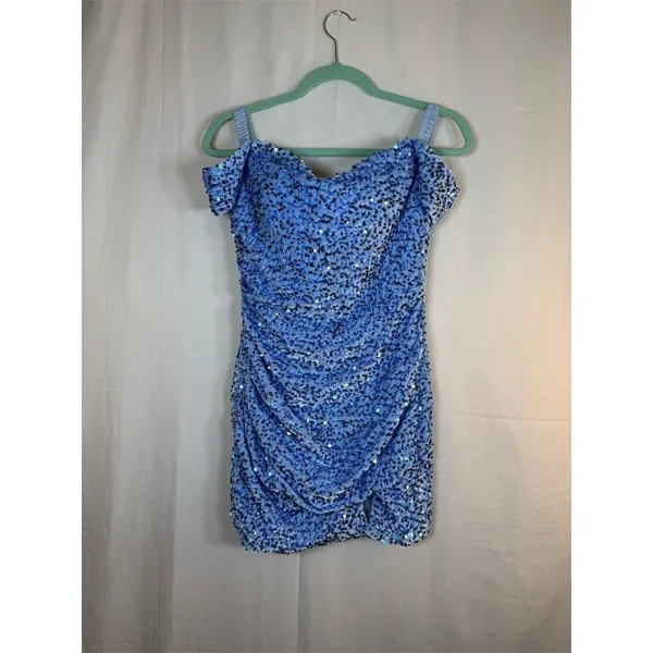 Womens Blue Sequin Ruched Bodycon Mini Dress Sweetheart Off Shoulder - Image 3