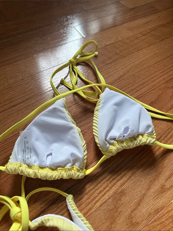 SHEIN Yellow Ribbed Tie-Side Triangle Bikini Set - Image 2