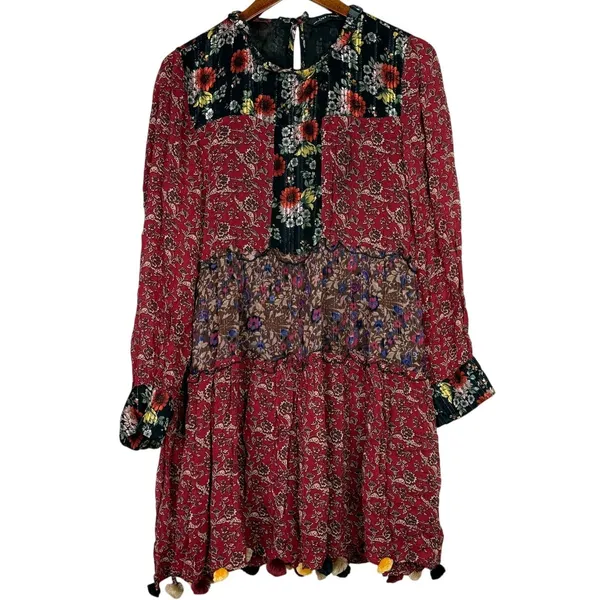 Zara Floral Patchwork Tiered Pompom Semi Sheer Peasant Mini Dress M Black Red - Image 2