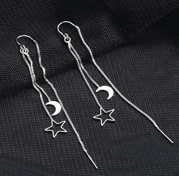Silver Moon Star Threader Long Tassel Earring Chain, Drop Dangle Woman Earrings - Image 6