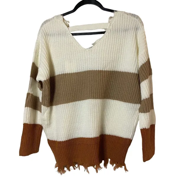 Moon & Madison Women's Striped‎ Distressed V-Neck Pullover Sweater Size XS - Image 6