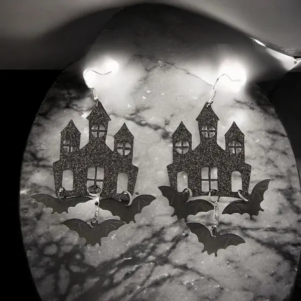 Black Gothic Halloween Theme Acrylic Drop &‎ Dangle Earrings Bat Haunted Castle - Image 7