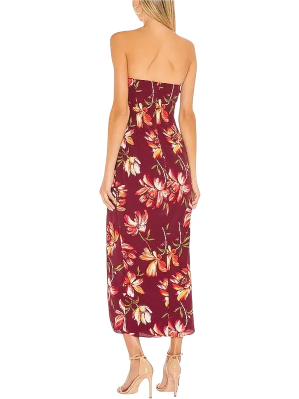 Katie May Come On Home Strapless Burgundy Floral Side Slit Midi Dress XS - Image 2