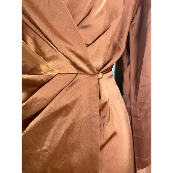 Banana Republic Satin Wrap Mini Dress Copper Brown Long Sleeve Collared Size 6 - Image 3