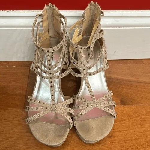 Badgley Mischka Wedge Sandals Womens Tan‎ Suede Rhinestone Strappy Cage 5M - Image 4