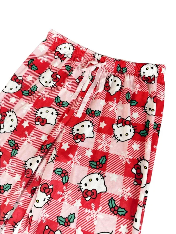 (C170) Hello Kitty Sanrio Holiday Pajama Pant Pink Plaid Mistletoe Santa - Image 2