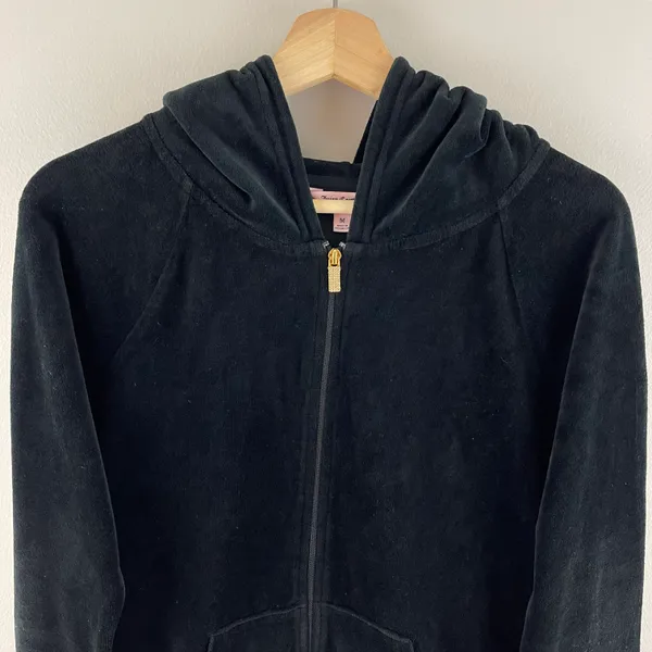 Y2K Black Velvet Velour Hooded Tracksuit Jacket Sweatshirt - Image 3