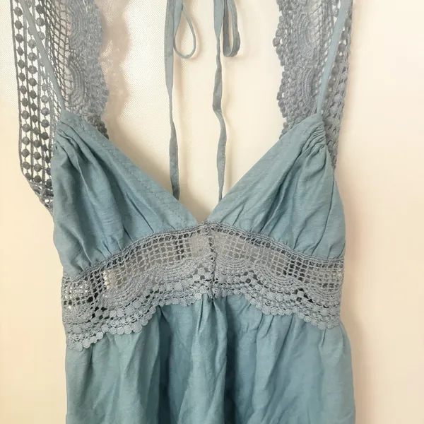 Boho Prairie Dusty Blue Crochet Backless Western Party Mini Ruffle Hem Dress M - Image 7