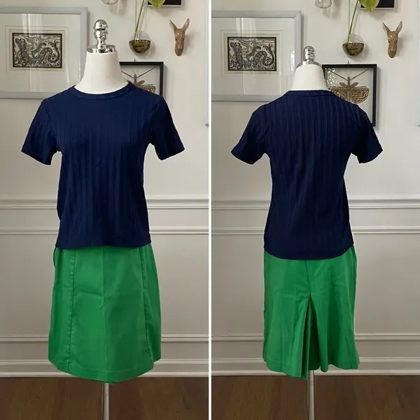 Vintage 2pc Vintage 70s A-Line Mini Skort Navy Short Sleeve Textured Tshirt XS - Image 2