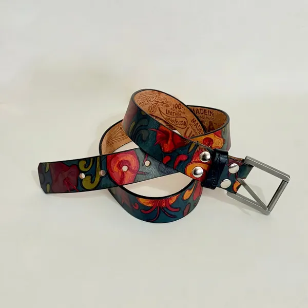 Unisex JON WYE Leather Floral Belt Western Retro Made in USA Men‎ Women 46.5" - Image 2