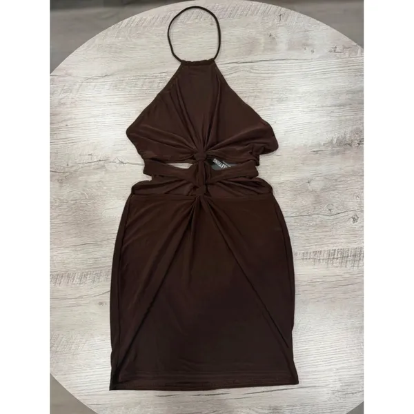 PrettyLittleThing Brown Cut Out Halter Bodycon Mini Dress Size US 4 NWT - Image 5