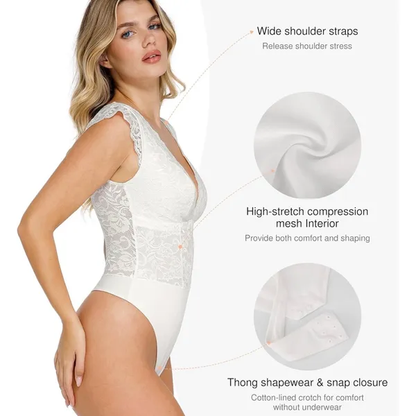 NWT Popilush Lace Bodysuit‎ White Deep V Thong Shapewear Tummy Control Small - Image 2