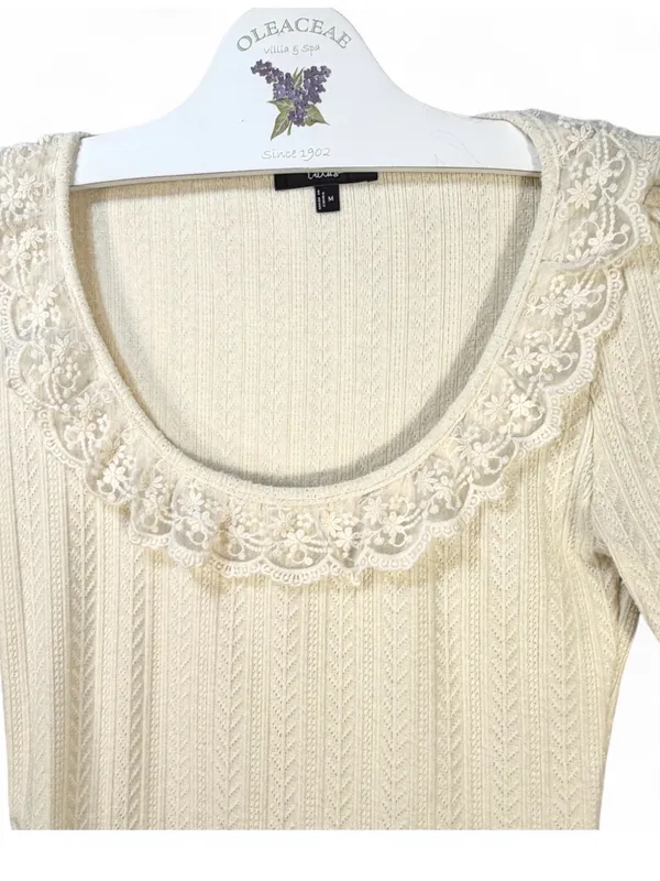 LULUS Women’s Coquette Appeal Cream Pointelle Lace Long Sleeve Top Size Medium - Image 4
