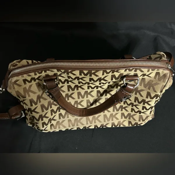 Michael Kors Calista Brown & Tan Logo Satchel Bag Purse - Image 13