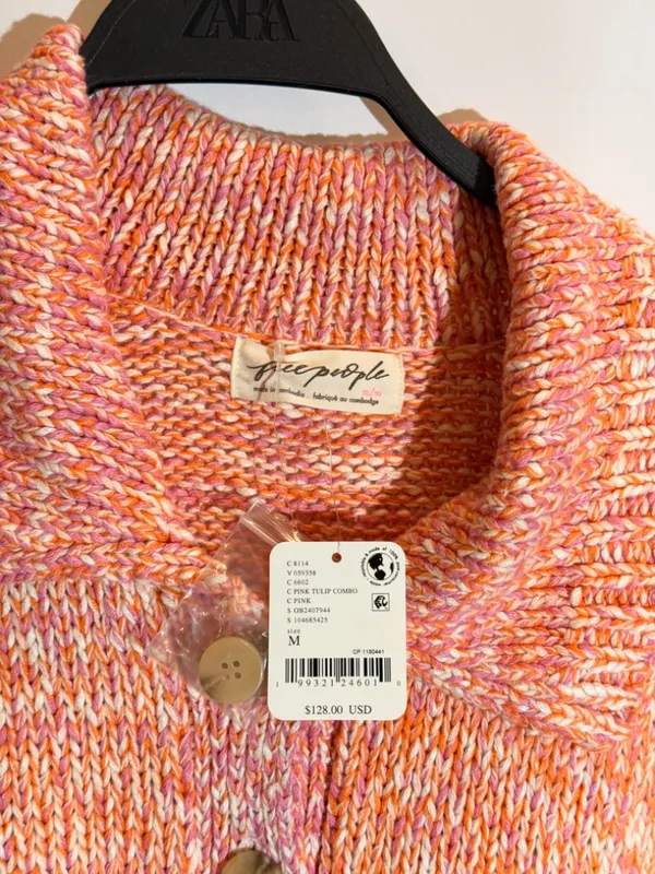 NWT Free People Orange Pink Marled Knit Oversized Button Collar Sweater M - Image 3