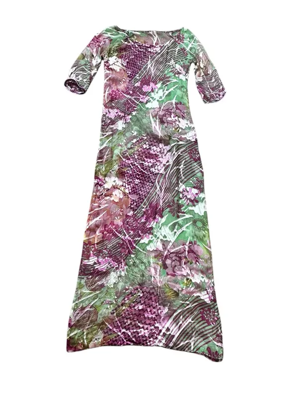 Womens Silk Floral Burnout Sheer Kaftan Dress Slits Boho Chic Maximalist Summer - Image 7
