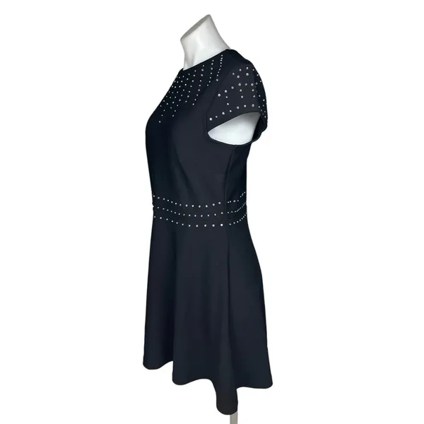 H&M Black Cap Sleeve Crew Studded Rhinestone A Line Fit & Flare Mini Dress Sz M - Image 3