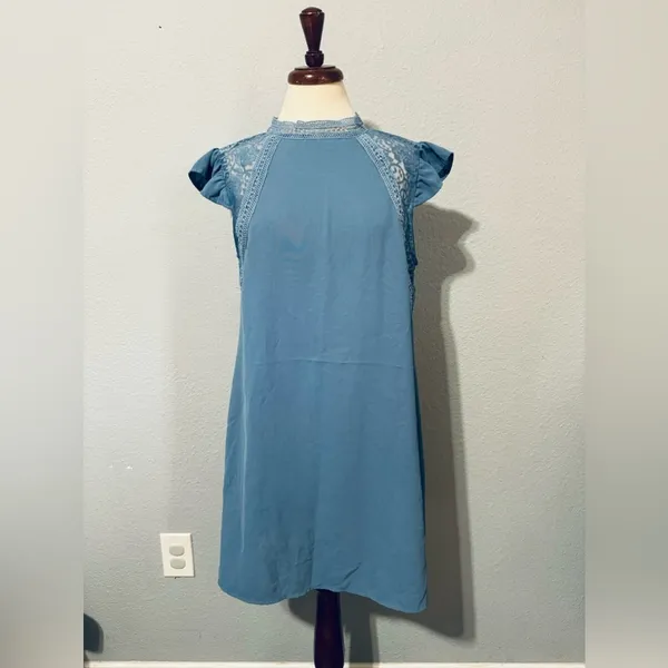 SHEIN‎ Women Blue Relaxed Fit and Flare High Neck Short Sleeves Dress Size M - Image 2