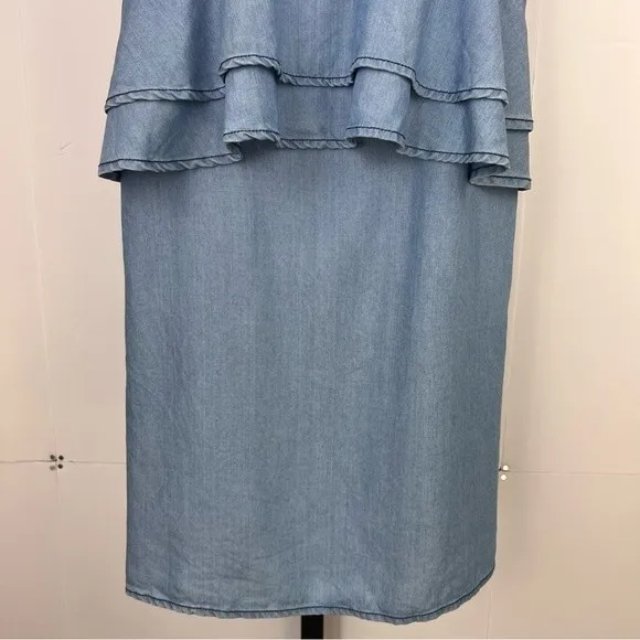 DO+BE Chambray Mini Dress Womens M Blue Tie Strap Ruffle Layered Boho Soft Girl - Image 6