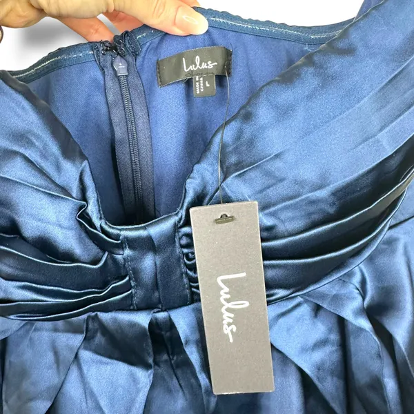 Lulus NWT Memorable Entrance Dark Blue Strapless Satin Pleated Maxi Gown Dress - Image 10