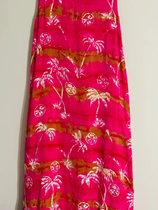 Vtg Desert Jems Hawaiian Boho Maxi Dress Rayon L Tropical 90s Pink Palm Print - Image 2