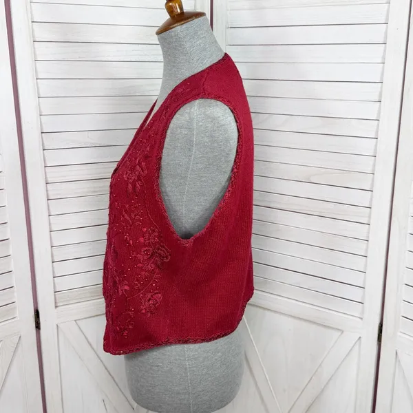 Vintage 90s Heirloom Collectibles Embroidered Beaded Sweater Vest‎ Red Medium - Image 2
