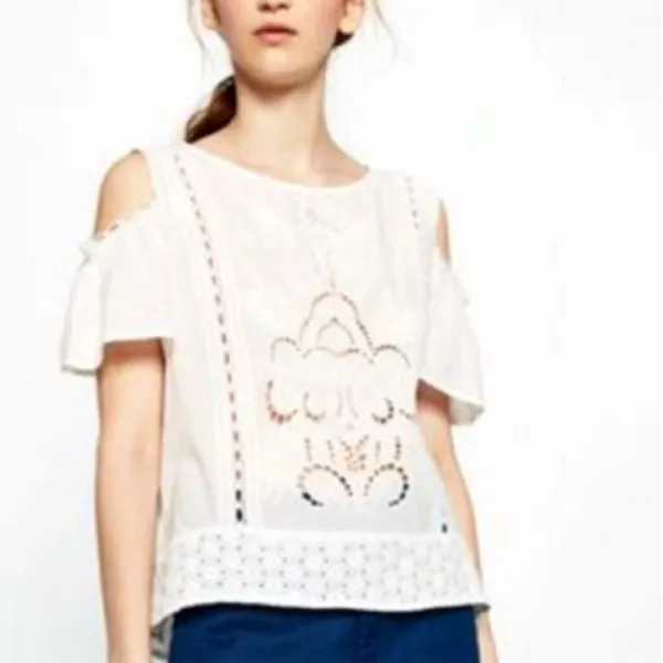 Zara White Cotton Lace‎ Cut Out Cold Shoulder Blouse Size XS - Image 2