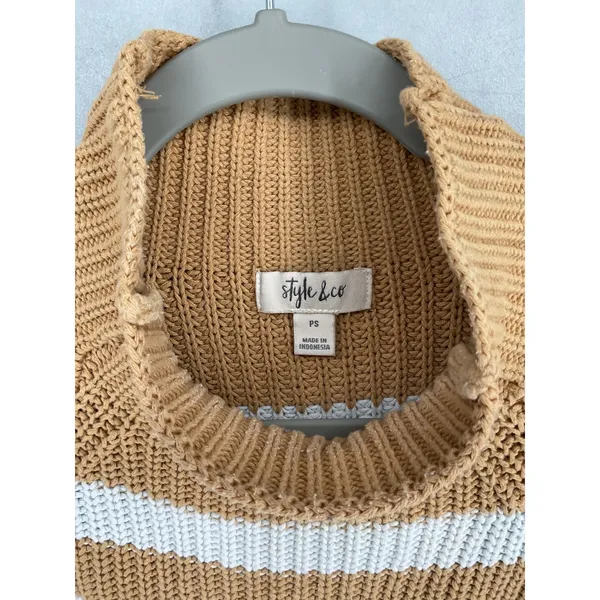 Style & Co Womens Sweater Mock Neck Striped Cotton Knit Camel White PS - Image 5