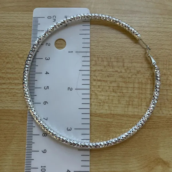 Silver Tone Diamond Cut Round 3.5 inch Statement Hoops - Image 2