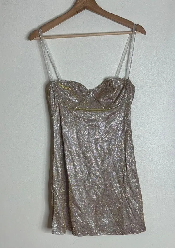 Elegant LOW-CUT GLITTER CAMI DRESS in apricot ladies size medium stretch cute - Image 2