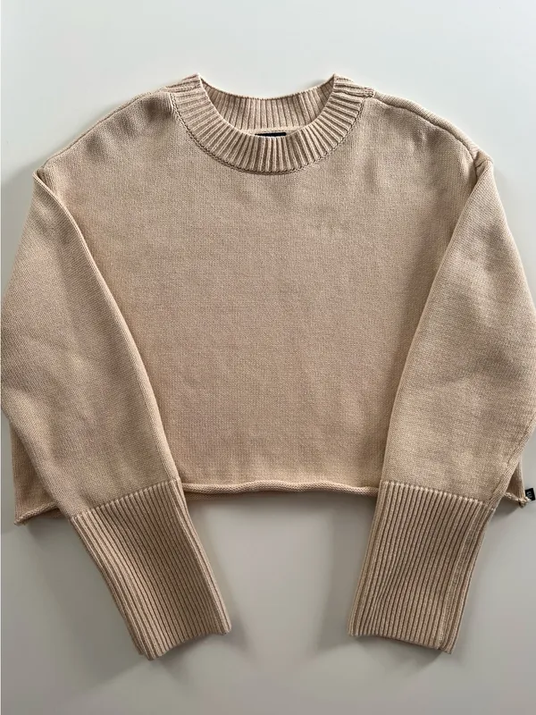 GAP Beige 100% Cotton Cropped Knit Sweater Roll Hem Long Cuffs M - Image 2