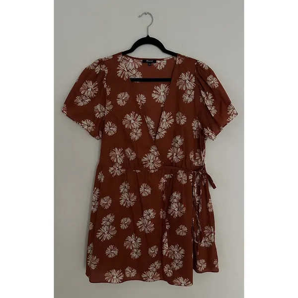 Madewell Women's Wrap Floral Print Mini Dress Burnt Orange/ Rusty Size XL EUC - Image 3
