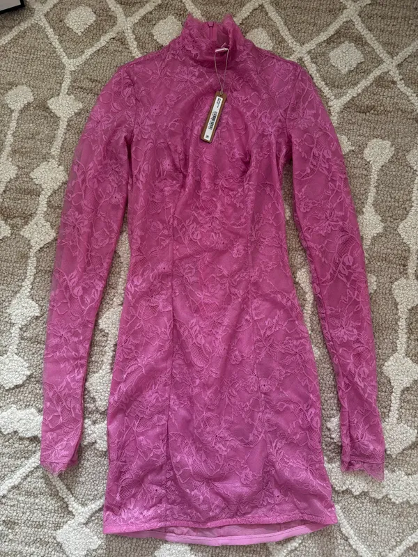 SKIMS Pink Lace Turtleneck Longsleeve Mini Dress - Image 3
