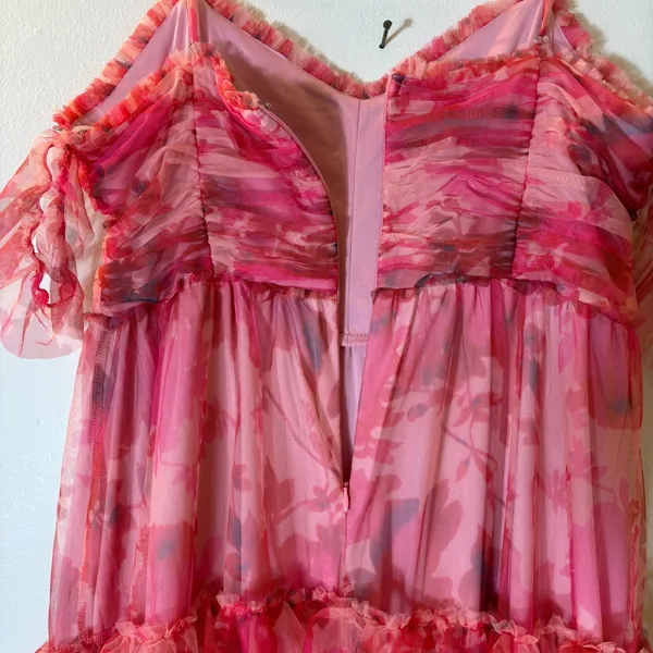 Lulus Exquisite Existence Pink Floral Mesh Pleated Ruffled Midi Dress Size XL - Image 8