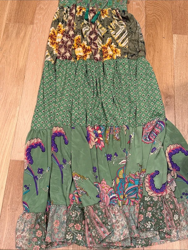 Karma Highway Green Floral‎ Patchwork Maxi Dress with Smocked Bodice tie neck OS - Image 2