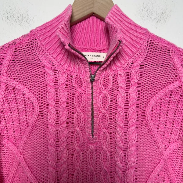Lucky Brand Women Cotton Sweater Small Pink Cable Knit Quarter Zip Pullover - Image 7