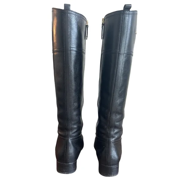 Tory Burch Kiernan Black Leather Riding Boots Gold Logo Knee High 7 - Image 3