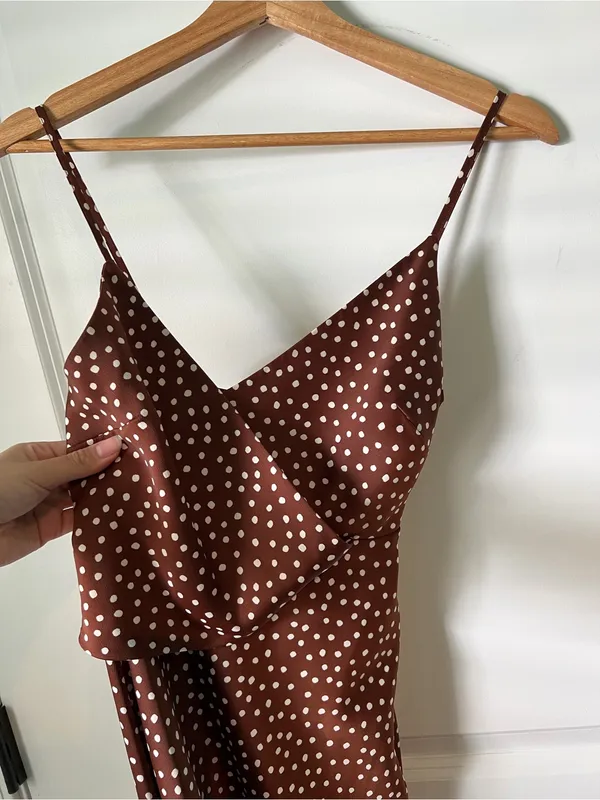 Urban Outfitters Polka Dot Brown Silk Midi Dress Size XS Wedding Guest - Image 3