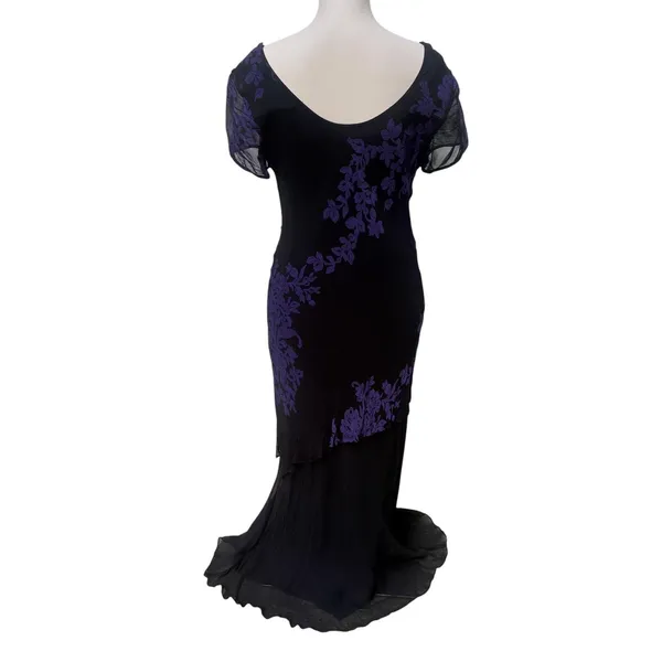 VTG Y2K Maxi Dress 8 Black Purple Beaded Floral Cowl Neck Whimsigoth Vampy‎ Goth - Image 3