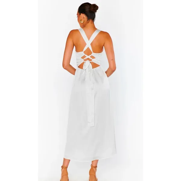 NWOT Show Me Your MuMu Mina Midi Dress Ivory Luxe Satin Size Small Formal - Image 4