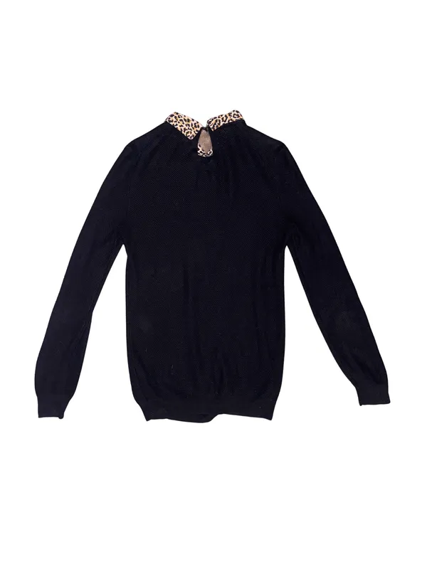 J.Crew Black Sweater with Leopard Print Collar - Image 4