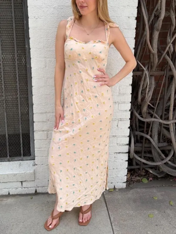 Anthropologie Cream floral bohemian maxi dress with ruffle straps and open tie back sz s #eurosummer #flowerchild #boho #weddingszn - Image 2