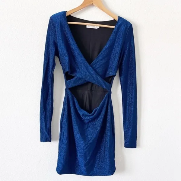 Meshki Blue Glitter Cut Out Long Sleeve Glam Party Club Bodycon Mini Dress - Image 2