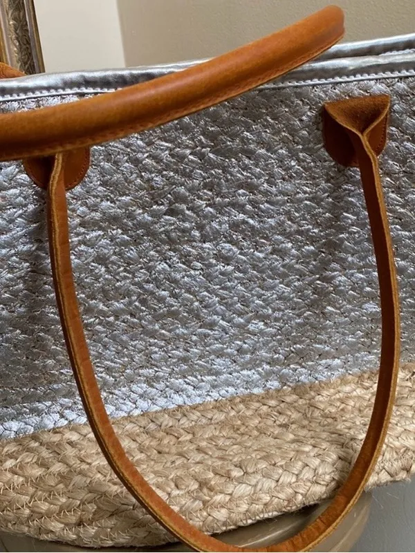 Metallic Silver & Natural Jute Tote with Tan Handles - Image 3
