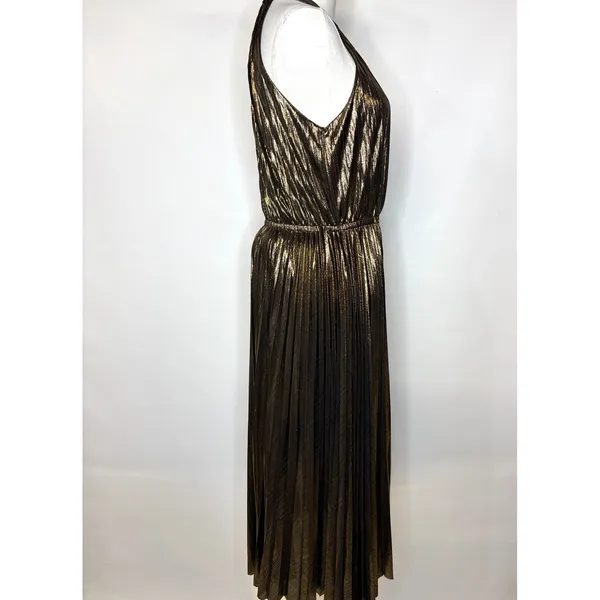 Lucy Paris Metallic Gold Pleated Halter Midi Dress DR3713-2 Small - Image 5