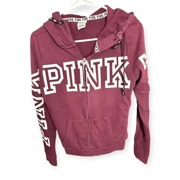 Victoria's Secret PINK Full Zip Hoodie Maroon Burgundy Snap Side Logo Small - Image 2